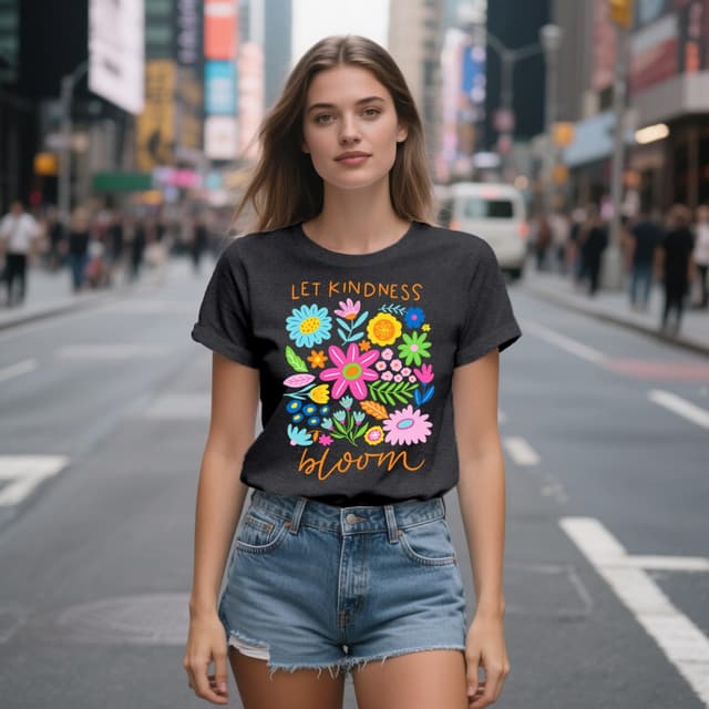 Detalle de Qskall Women’s “Flora Be Kind” T-shirt – Let Kindness Bloom inspirational floral tee