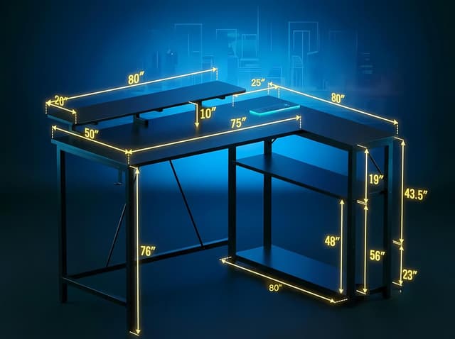 Detalle de Xyphren L Shaped Gaming Desk with RGB LED Lights, Power Outlets & Adjustable Shelves (Carbon Black)