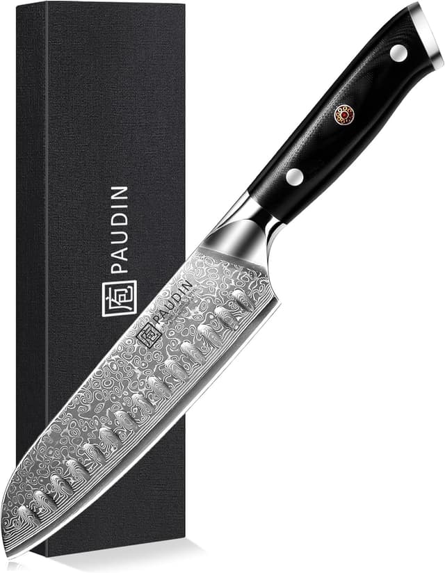 Detalle de PAUDIN Santokumesser Damastmesser 17 cm – 67-lagiger Damaststahl mit VG10-Kern und G10-Griff