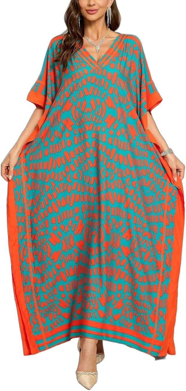 Detalle de Kaftan V-Neck Print Swimsuit Cover-Up Dress (One Size, Plus Size) for Beach & Lounge