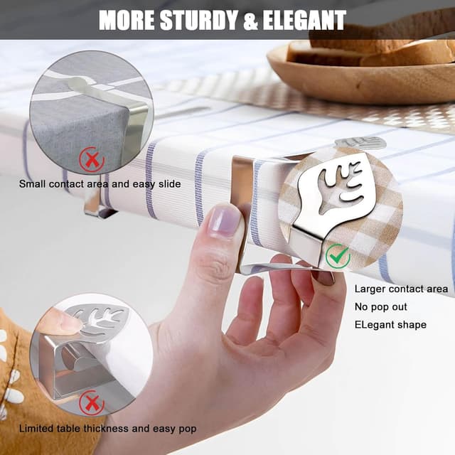 Detalle de Leaf-shaped table cloth clips (10-pack) for outside & inside tables, stainless steel large clamp