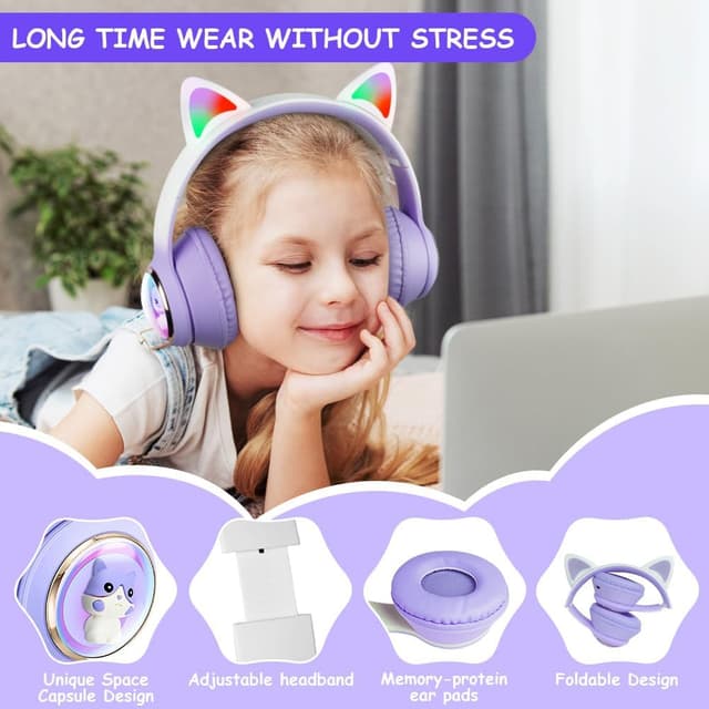 Detalle de AXFEE Kinderkopfhörer Over-Ear mit Bluetooth 5.3, Katzenohren und LED