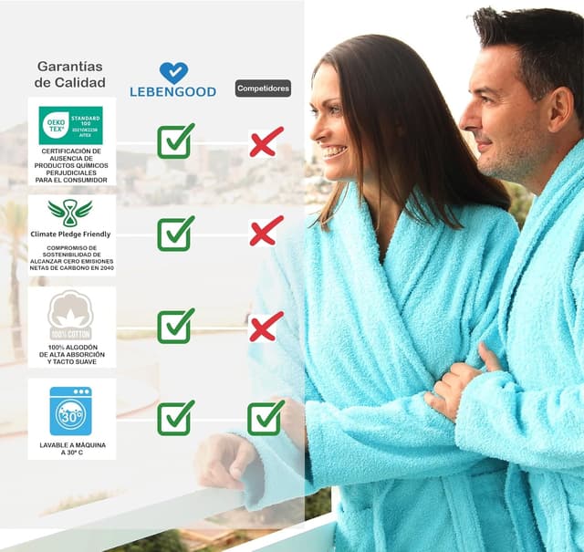 Detalle de Peignoir unisexe LEBENGOOD en éponge 100% coton (400 g/m²) avec ceinture, poches et serviette