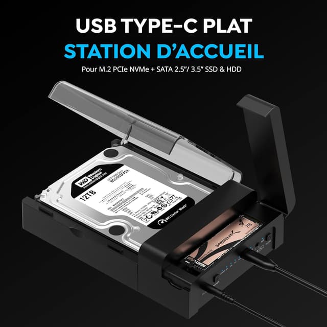 Detalle de SABRENT DS-UFNC : station d’accueil USB-C pour HDD/SATA 2,5/3,5" et SSD M.2 NVMe avec clonage hors ligne