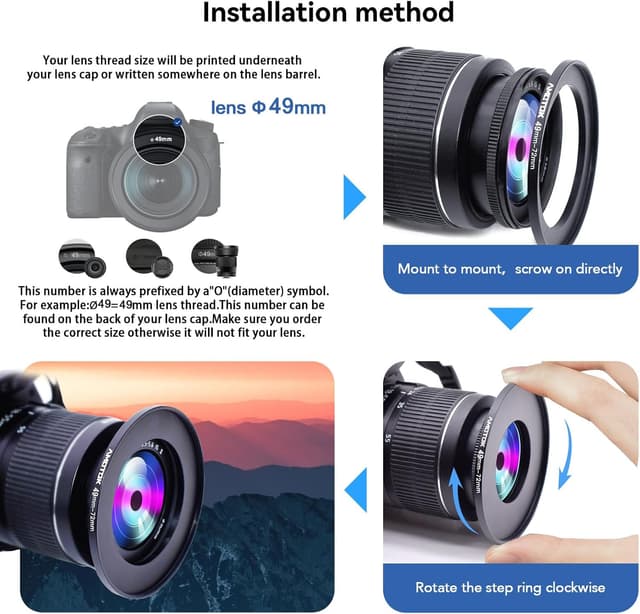 Detalle de 49mm to 72mm Camera Lens Adapter Ring for Filters and Accessories (Step-Up)