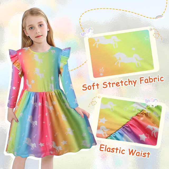 Detalle de Robe VASCHY pour fille en coton imprimé licorne, manches longues et longueur au genou (3-10 ans)