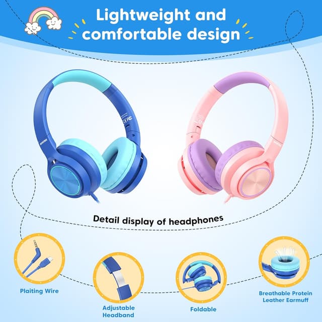 Detalle de INFURTURE Kids Headphones (USB‑C / 3.5mm) with Mic, 94dB Volume Limit & Inline Controls