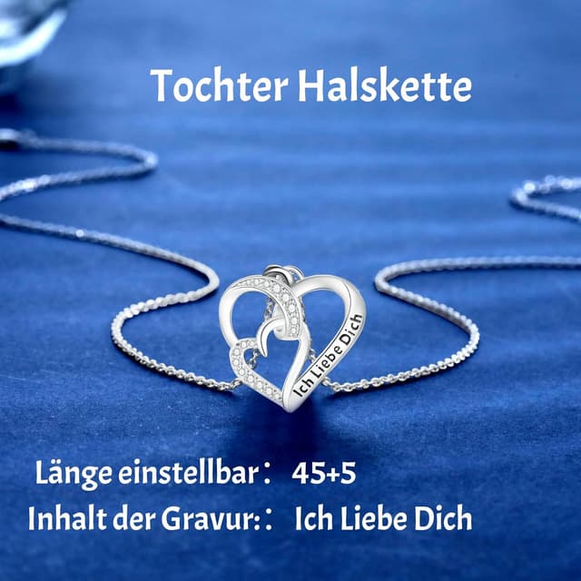 Detalle 2 de Jbniuay Tochter-Halskette mit S925 Doppelherz-Anhänger und Gravur „Ich liebe dich“