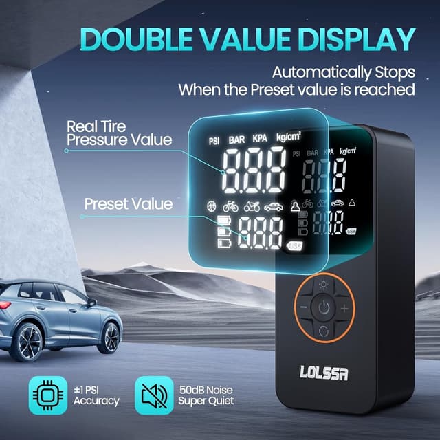 Detalle 2 de Portable Tire Inflator Air Compressor (150 PSI) Cordless Electric for Car, Motorcycle, Bike, Ball with Tire Gauge, Dual-Use