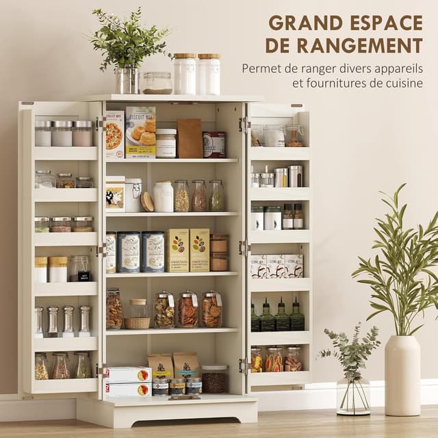 Detalle 2 de HOMCOM Buffet Cuisine / Vaisselier 5 niveaux crème avec portes et étagères réglables, 60 x 40 x 120 cm