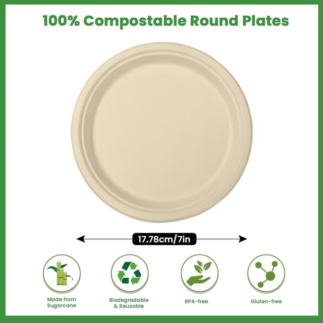 Detalle 2 de LDFDRT Pappteller aus Zuckerrohrfaser (Bagasse), 100 Stück, rund 17,8 cm – kompostierbar