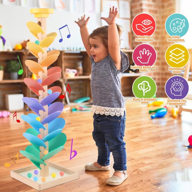 Detalle de Wooden Marble Run Music Tree Toy for Kids (49-Piece Set, Ages 3–5)