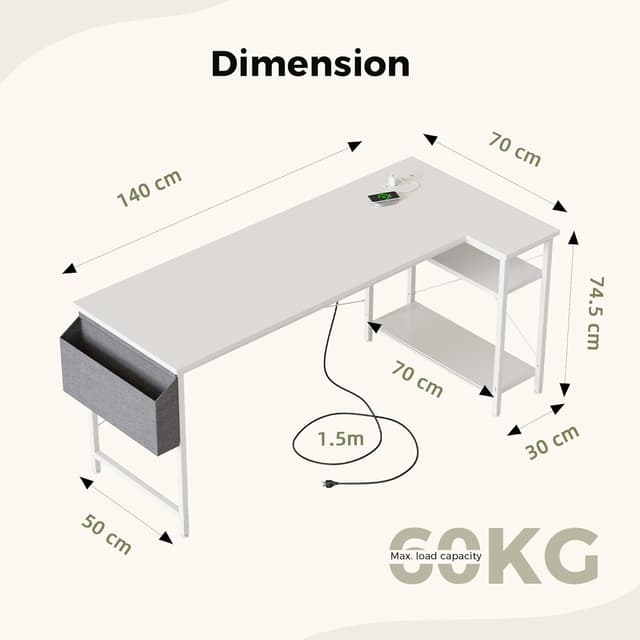 Detalle de Mericonia Small L-Shaped Desk with Power Outlets, 140x70 cm (White) with Reversible Shelves
