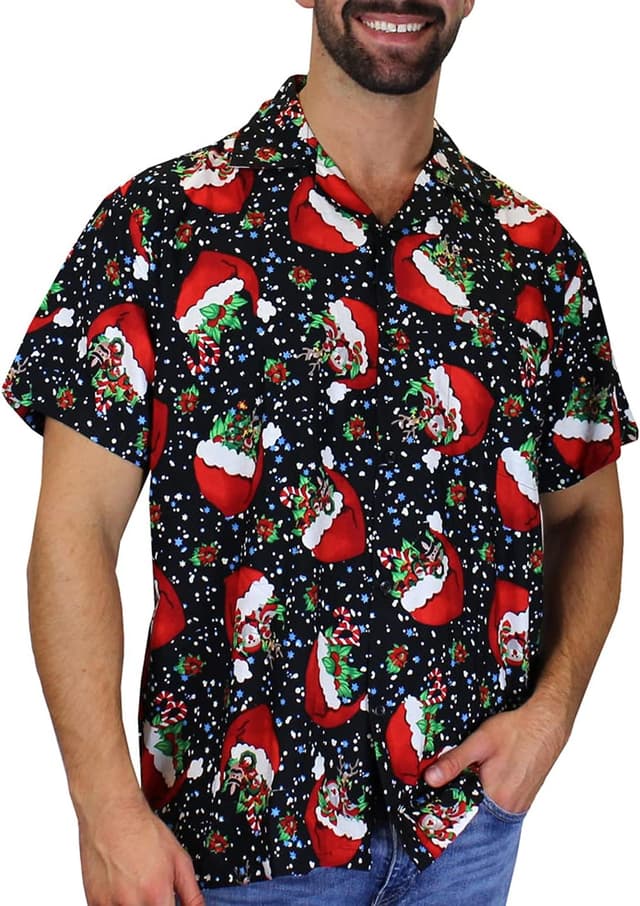 Detalle de Men's Ugly-Christmas-Shirts Funky Short-Sleeve Ginger-Bread Print Button-Up Shirt