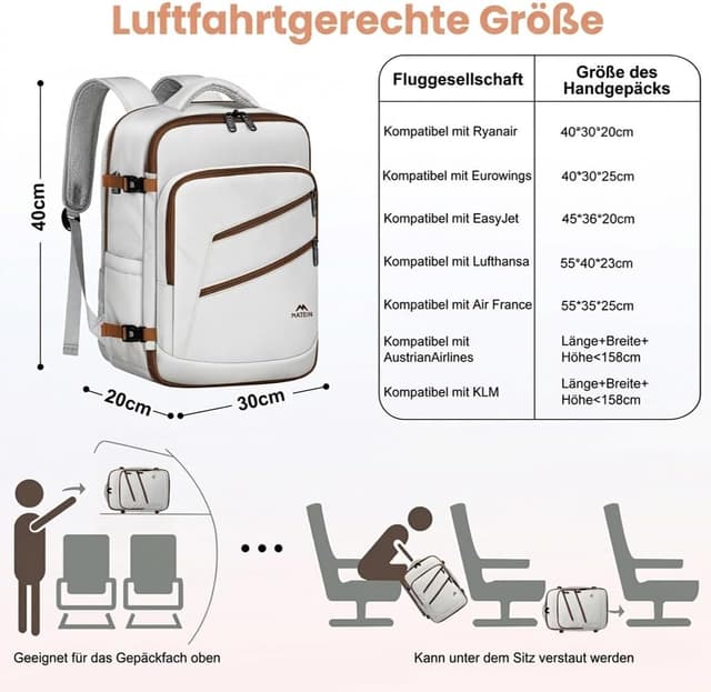 Detalle de MATEIN Ryanair Handgepäck 40x30x20 Cloud Dancer – Rucksack mit 15,6-Zoll-Laptopfach und USB-Ladeanschluss
