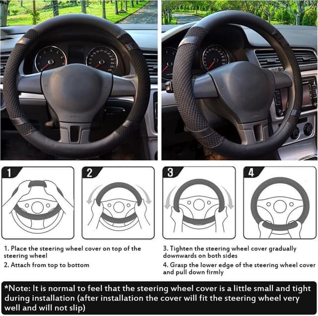 Detalle de Lifetooler steering wheel covers (ice silk / PU leather) universal 38cm fit – breathable anti-slip set of 2 (black)