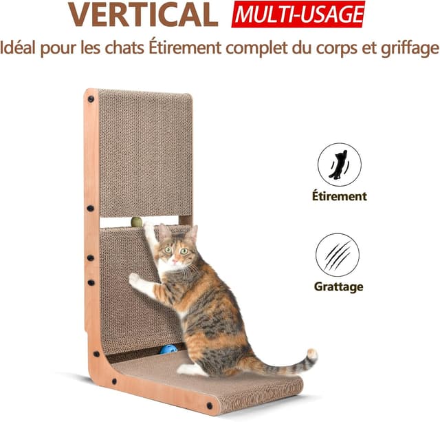 Detalle 2 de AUSCAT griffoir en carton en forme de L pour chat d’intérieur avec 2 balles intégrées (69 cm)