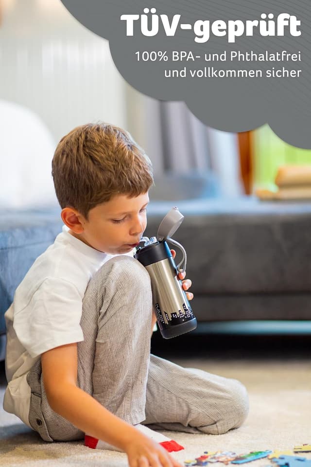 Detalle de JARLSON® Kinder-Trinkflasche Charli aus Edelstahl (350 ml) mit Strohhalm – auslaufsicher & Thermosflasche