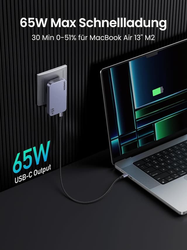 Detalle de UGREEN Nexode Pro 65W Ladegerät — 3‑Port USB‑C