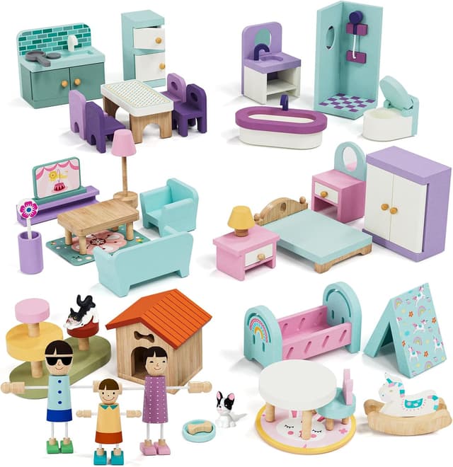 Detalle de Lehoo Castle Wooden Dollhouse 39-piece furniture set