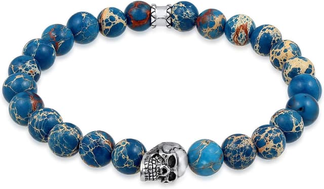 Detalle de Kuzzoi Buddha Herren-Armband mit blauem Achat, Totenkopf-Anhänger und 925 Sterling Silber (19–23 cm) – Yogaarmband im Stretch-Look