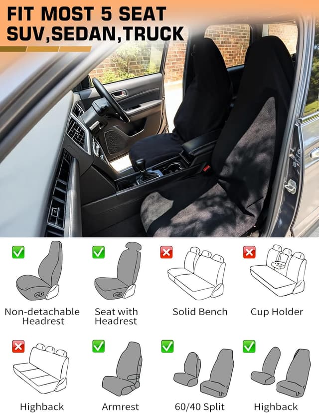 Detalle de TESFEEL Towel Car Seat Cover (GRS Certified Recycled Microfiber), Non-Slip Universal Front Protector — 2-Pack, Black