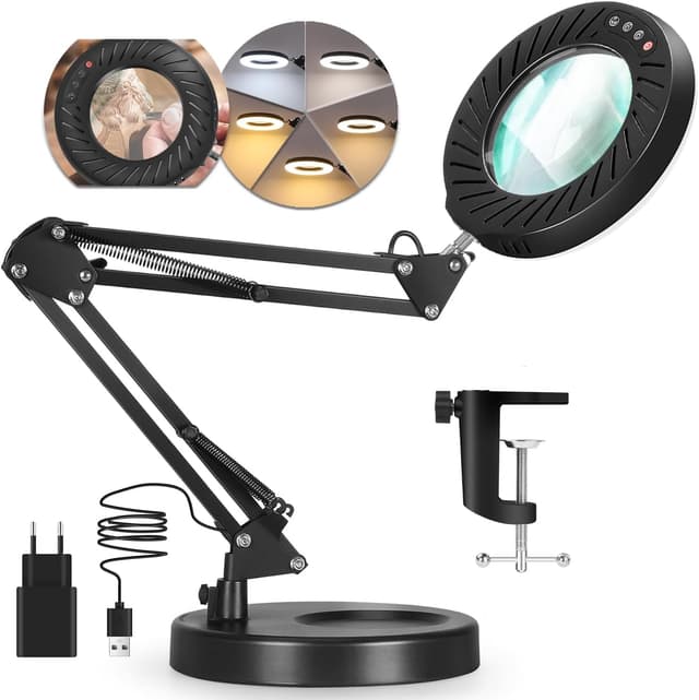 Detalle de Coteck 12X Lupe mit Licht und Ständer – 2-in-1 LED-Schreibtischlampe mit Klemme, stufenlos dimmbar