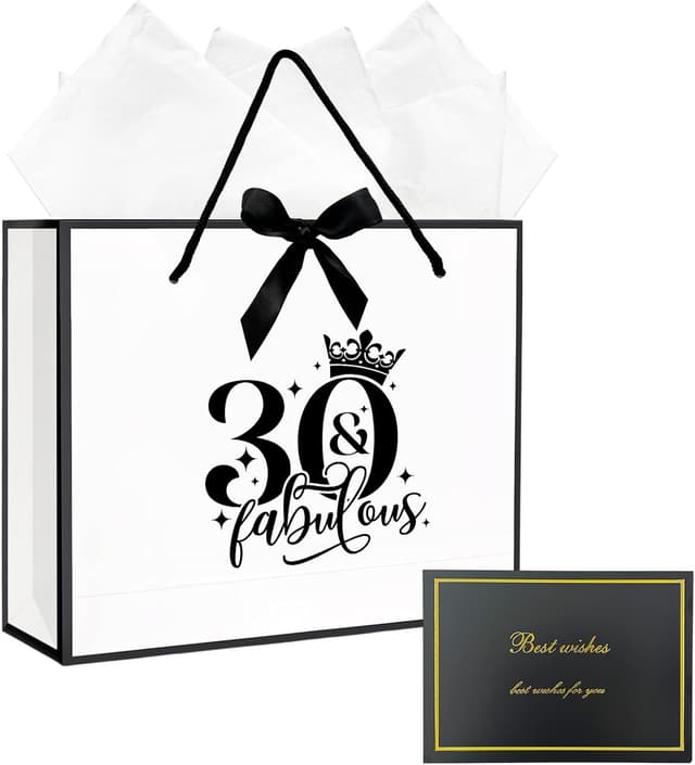 Detalle de 30th Birthday Gift Bag with Tissue Paper and Card (28 x 10 x 20 cm) – Medium Unisex Party Gift Bag