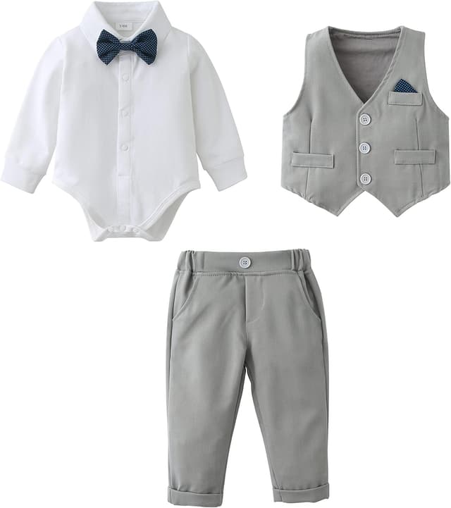 Detalle de Amissz Baby Jungen Bekleidungsset „Gentleman“ (3-24 Monate) mit Strampler, Hose, Weste & abnehmbarer Fliege