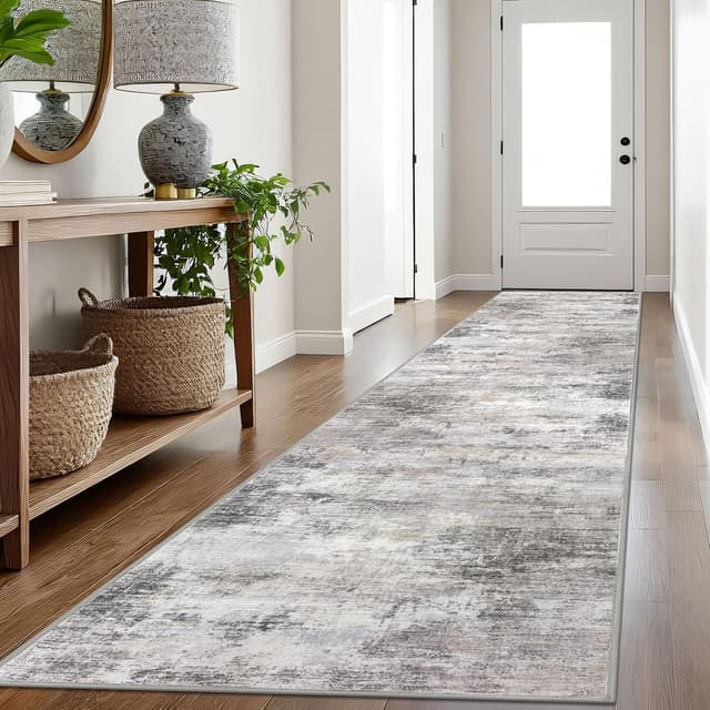 Detalle de IOHOUZE Abstract Runner Rug (3' x 16') — Washable Non-Slip Hallway & Entryway Runner in Grey/Beige