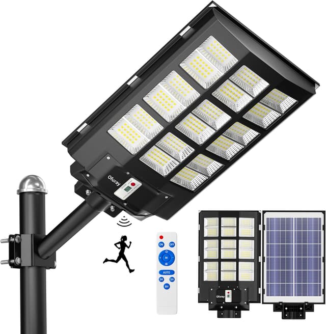 Detalle de Lampione Solare LED Ofuray OF-3600W con sensore di movimento, pannello e telecomando