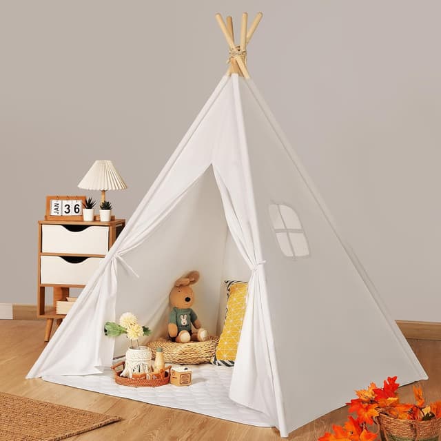 Detalle de Tente tipi enfant en coton Wilwolfer : intérieur avec tapis de sol et sac de transport