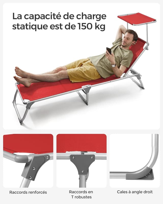 Thumbnail 6 de SONGMICS Bain de Soleil pliable GCB19RD : transat rouge avec pare-soleil et dossier inclinable