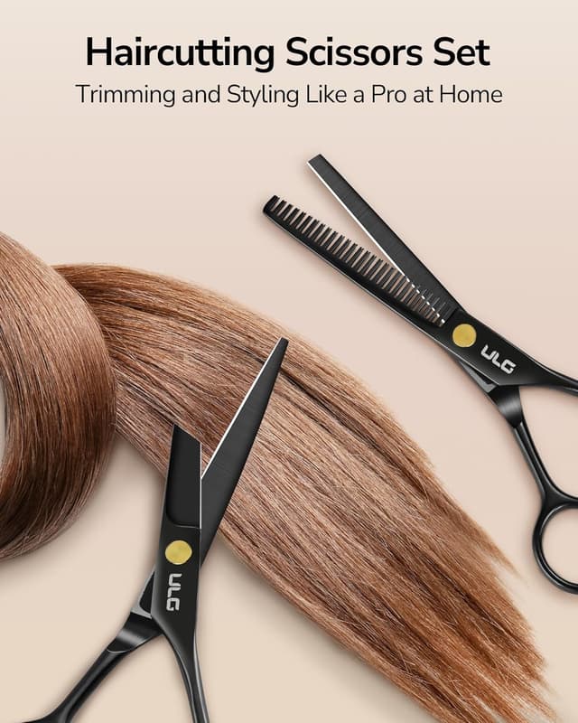 Detalle de ULG Professional Hair Cutting Scissors Set (16.5 cm) with Thinning Shears, Comb, Clips & Case – at-home salon haircut kit