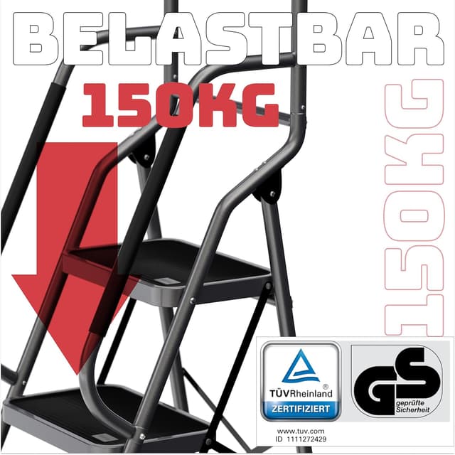 Detalle 1 de Sicherheitsleiter 4 Stufen klappbar mit Handlauf – Trittleiter TÜV Rheinland (SM1042), anthrazit, bis 150 kg