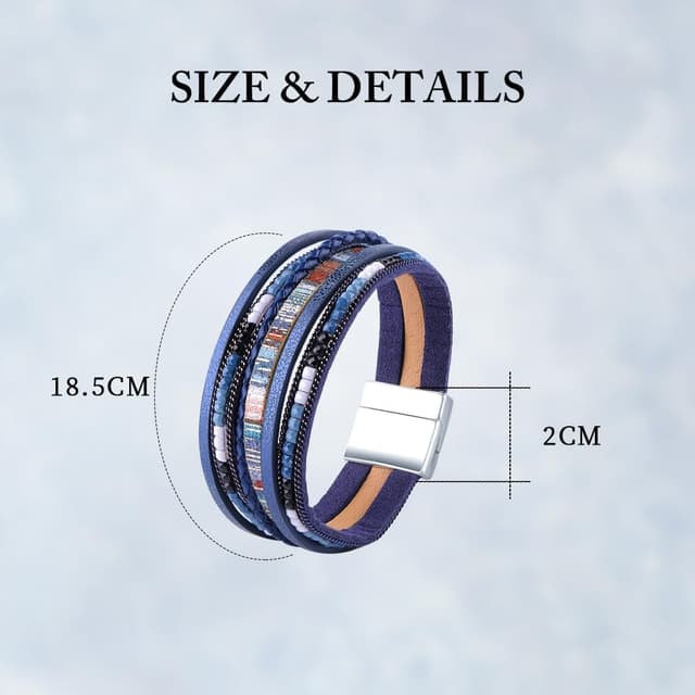 Detalle de Viwind Damen Lederarmband Boho Multilayer mit Magnetverschluss – ca. 19 cm, geflochtenes Wickelarmband