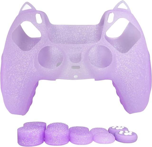 Detalle 2 de HLRAO Purple Cat Glitter anti-slip silicone controller skin & thumb grips for PS5 (8 PCS)