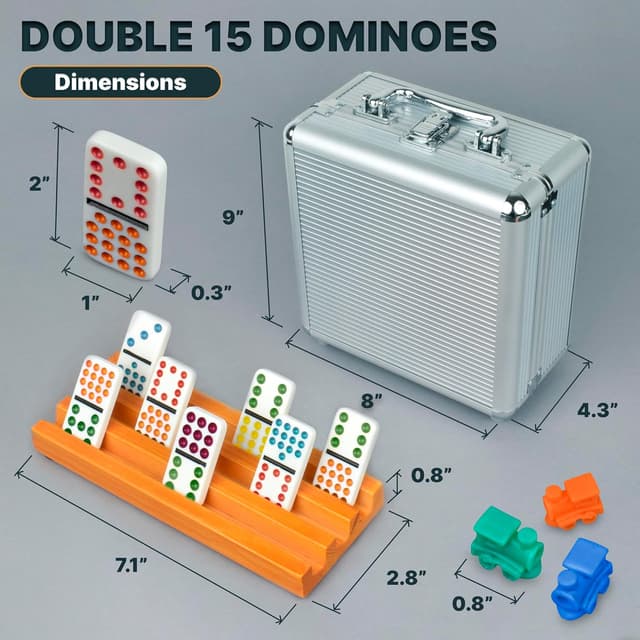 Detalle de Queensell Mexican Train Domino-Set Doppel 15 (136 Spielsteine) im Aluminiumkoffer
