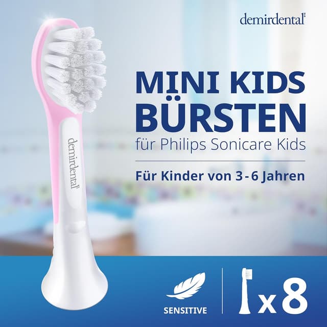 Detalle de demirdental Ersatzbürsten Kids (HX6034/HX6038) für Philips Sonicare – Rosa, 8er Set, geeignet für 3–6 Jahre
