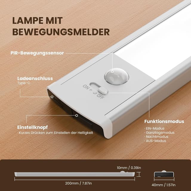 Detalle 2 de TANSOOL+ LED-Schrankbeleuchtung mit Bewegungsmelder (2er-Set, 20 cm) USB‑C akkubetrieben, dimmbar