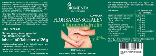 Thumbnail 1 de BIOMENTA Flohsamenschalen Komplex 140 Tabletten đź’Š