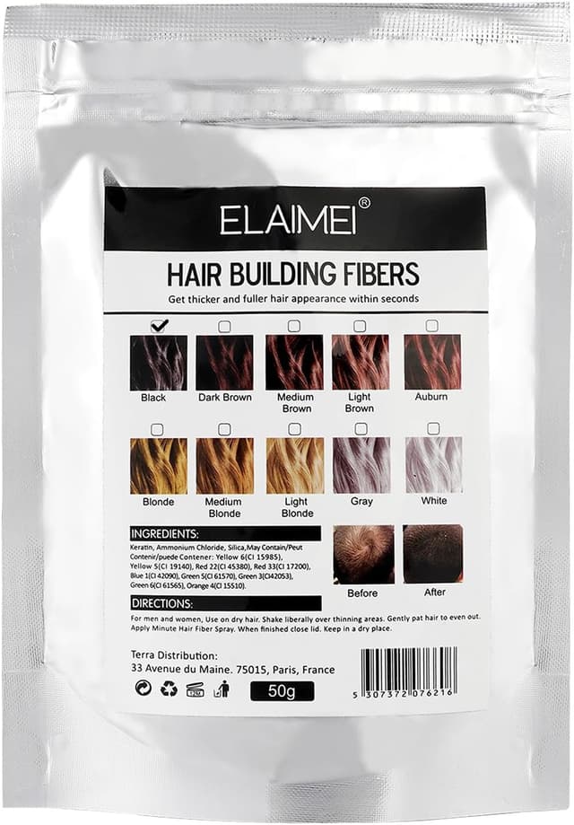 Detalle de IKZEE Fibre per capelli nere (Nero) 50 g: fibre per correggere diradamento e zone calve