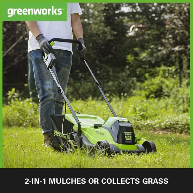 Detalle de Greenworks 24V kabelloser Akku-Rasenmäher GD24LM33K2 (33 cm, bis 140 m²) mit 30‑Liter-Sack