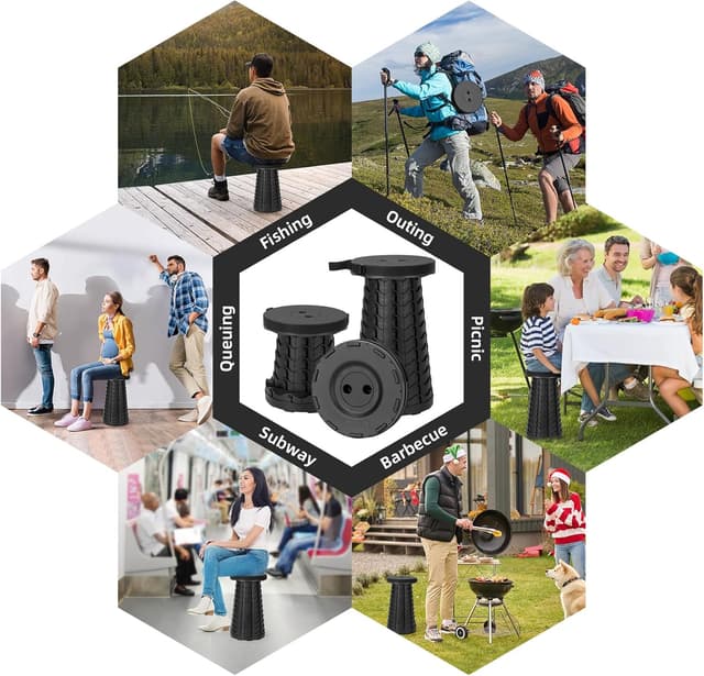 Detalle 2 de Qiguet Collapsible Stool Folding Chair (Black) — Portable Folding Seat Up to 400 lbs, 12 Height Levels