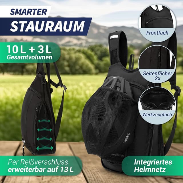 Detalle de SASMO Sports Fahrradrucksack 10l + 3l mit Trinkblase, Thermofach und Helmnetz