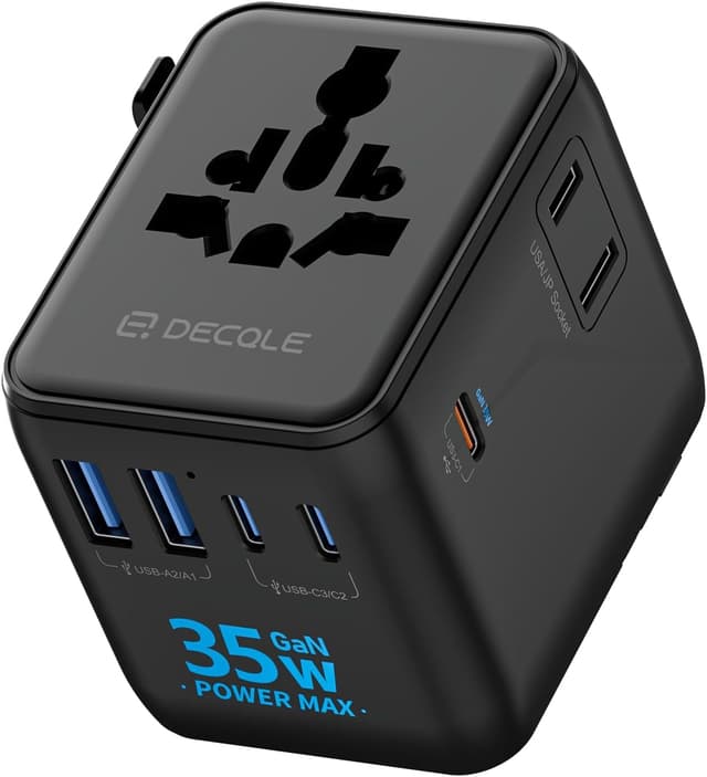 Detalle de decqle Reiseadapter Weltweit – Universal-Reisestecker mit 3× USB‑C (GaN 35 W), 2× USB‑A und AC-Steckdose (Schwarz)