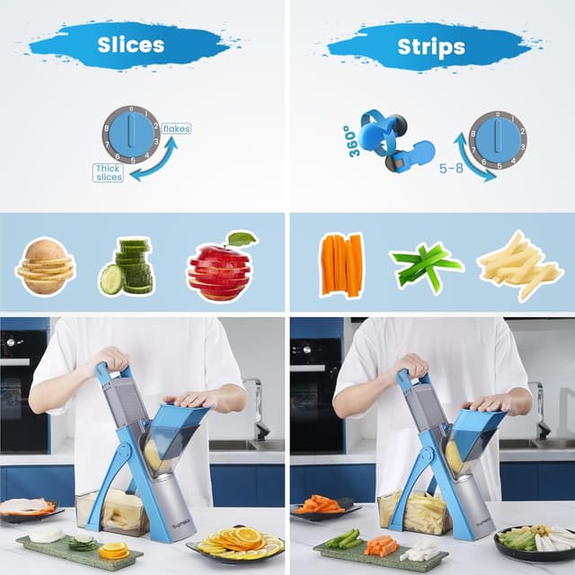 Detalle de SupMaKin Upgrade Safe Mandoline Slicer Plus (Blue) — Adjustable Vegetable Slicer & Chopper
