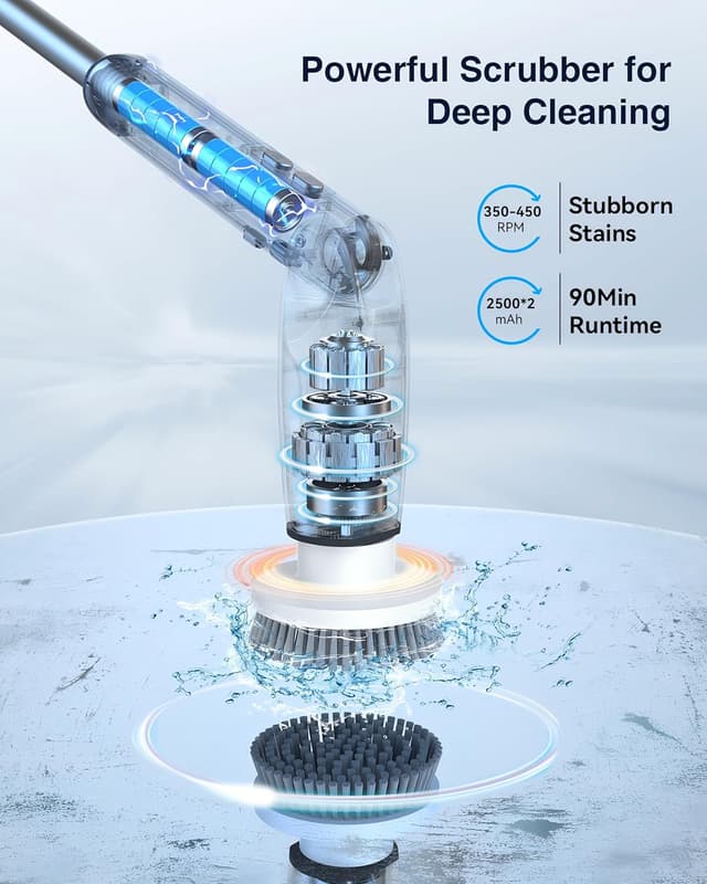 Detalle de Leebein Electric Spin Scrubber (YMG-820) with long handle, remote control and 8 replaceable brush heads
