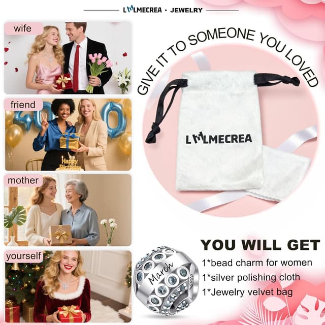 Thumbnail 6 de 925 Sterling Silber Geburtsstein Charm März