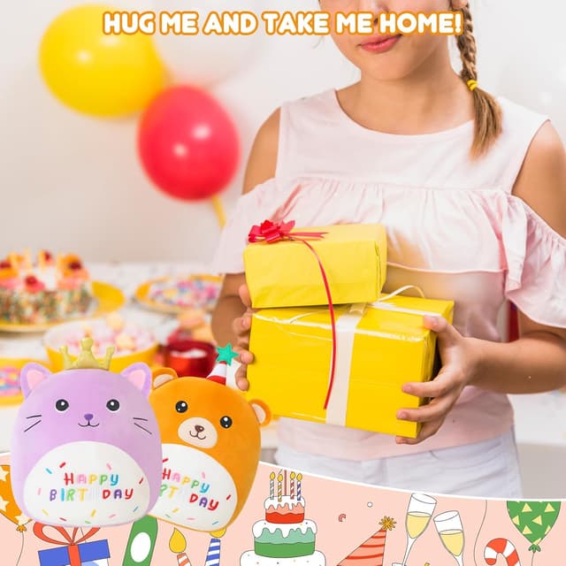 Detalle de Xfrog Cat Stuffed Animal Plush Pillow (10") – Kawaii Purple Birthday Cat with Golden Crown